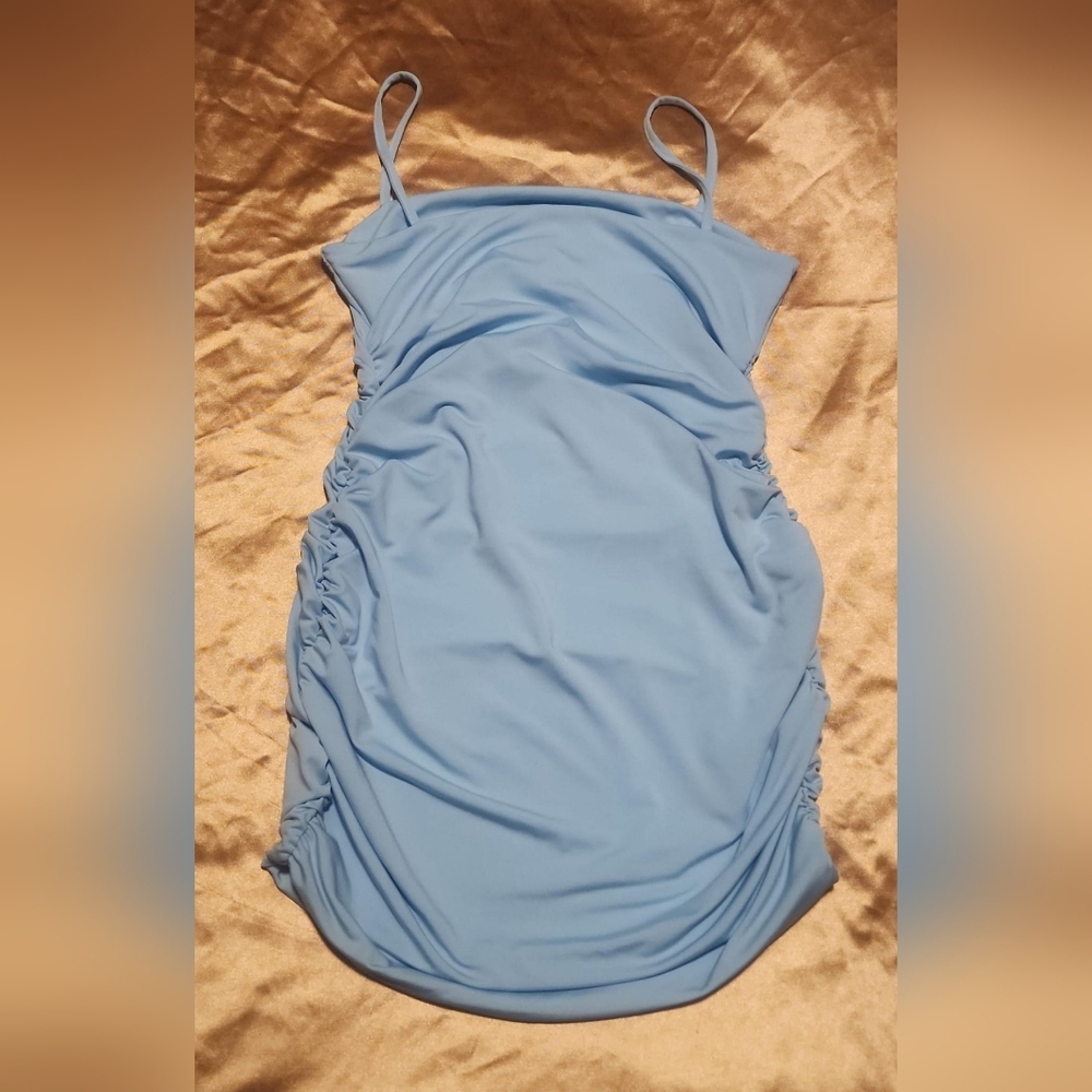 SHEIN Baby Blue Bodycon Dress Size Large Ruched Side Mini